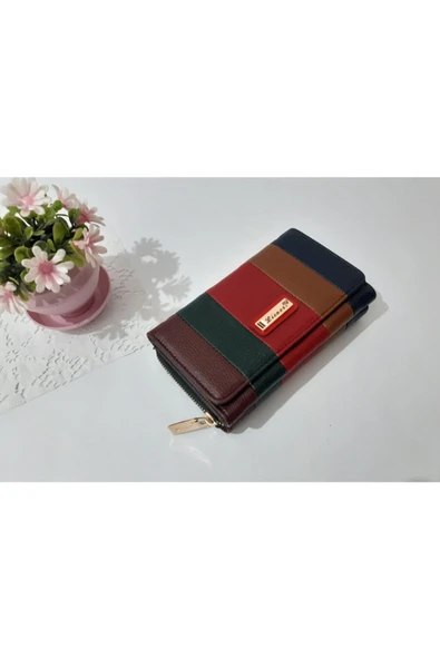 LİONER Kadın Cüzdan Şerit Desenli Kullanışlı Cüzdan Kadın Cüzdanı 17x10x4.5 Cm