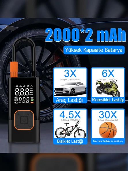 4000 mAh 150 PSI Akülü Şarjlı Araç Lastiği Motosiklet Lastiği Hava Pompası - 5
