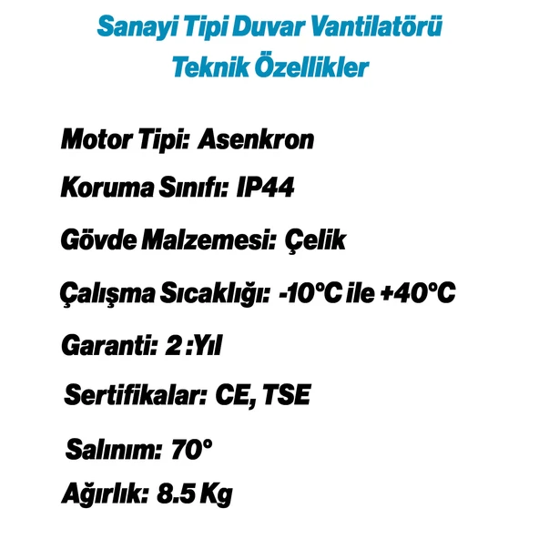 Sanayi Tipi Duvar Vantilatörü 50 cm 130W Endüstriyel Sessiz Duvara Monte Zincirli Fan - 2