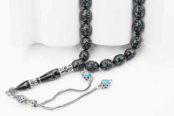 Kule Model Mavi Mine ve Gümüş İşlemeli Oltu Sıkması Tespih