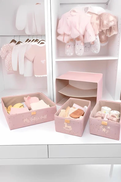 Flora 3 Bölmeli Baby Çekmece, Yenidoğan Bebek Kıyafet Çamaşır Patik Bez Düzenleyici Kutu Pembe - Resim 5