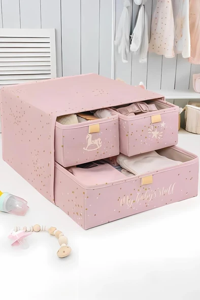 Flora 3 Bölmeli Baby Çekmece, Yenidoğan Bebek Kıyafet Çamaşır Patik Bez Düzenleyici Kutu Pembe - Resim 2