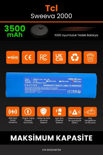 robo-mi Tcl Sweeva 2000 3500mAh Robot Süpürge Bataryası - Koruma Katmanlı Batarya Teknolojisi - 3
