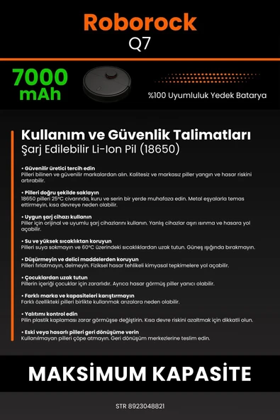 robo-mi Roborock Q7 7000mAh Robot Süpürge Bataryası - Koruma Katmanlı Batarya Teknolojisi - 7