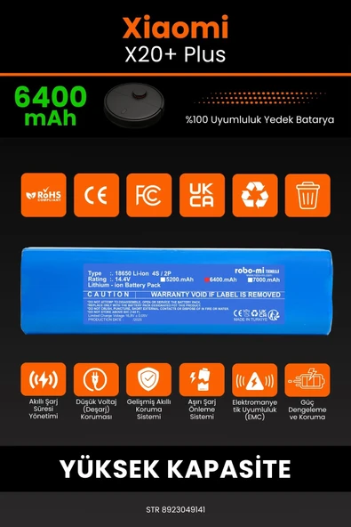 robo-mi Xiaomi Robot Vacuum X20+ Plus 6400mAh Robot Süpürge Bataryası - Yüksek Yoğunluklu Li-ion Hücre - 3