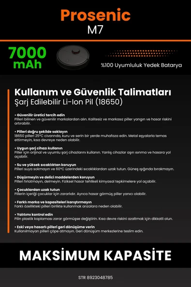 robo-mi Proscenic M7 7000mAh Robot Süpürge Bataryası - Koruma Katmanlı Batarya Teknolojisi - 7