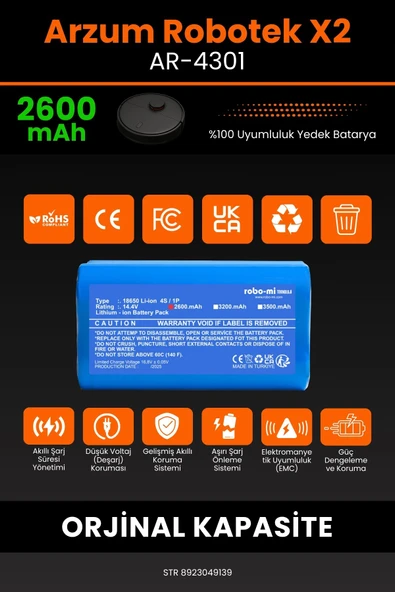 robo-mi Arzum AR4301 Robotek X2 2600mAh Robot Süpürge Bataryası - Yüksek Yoğunluklu Li-ion Hücre - 3