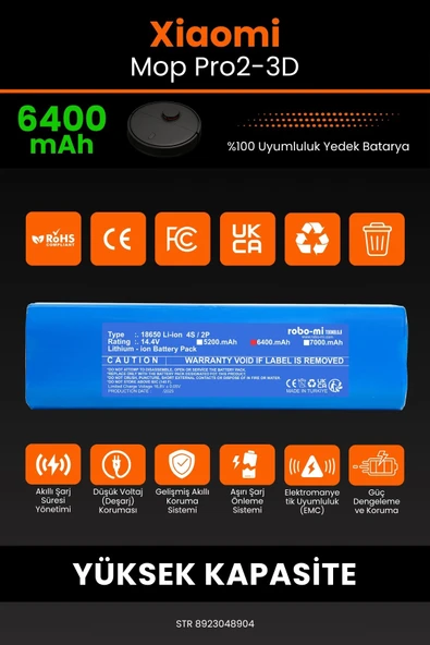 robo-mi Xiaomi Mi Robot Vacuum Mop Pro 2+ 3D 6400mAh Robot Süpürge Bataryası - Koruma Katmanlı - 3