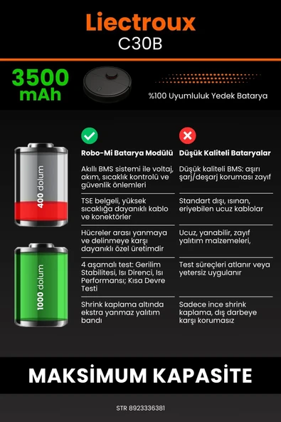 robo-mi Liectroux C30B 3500mAh Robot Süpürge Bataryası - Gerçek Kapasite, Maksimum Güvenlik - 6