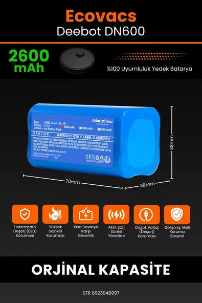 robo-mi Ecovacs Deebot DN600 2600mAh Robot Süpürge Bataryası - Koruma Katmanlı Batarya Teknolojisi - 2
