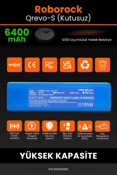 robo-mi Roborock Qrevo S 6400mAh Robot Süpürge Bataryası - Yüksek Yoğunluklu Li-ion Hücre - 3