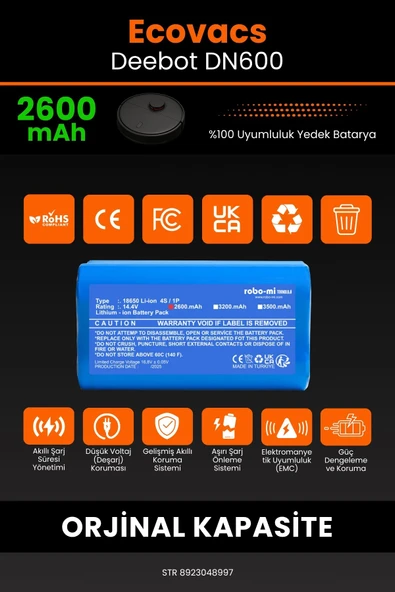 robo-mi Ecovacs Deebot DN600 2600mAh Robot Süpürge Bataryası - Koruma Katmanlı Batarya Teknolojisi - 3