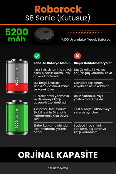 robo-mi Roborock S8 Sonic 5200mAh Robot Süpürge Bataryası - Yüksek Yoğunluklu Li-ion Hücre - 6