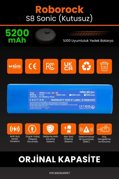 robo-mi Roborock S8 Sonic 5200mAh Robot Süpürge Bataryası - Yüksek Yoğunluklu Li-ion Hücre - 3