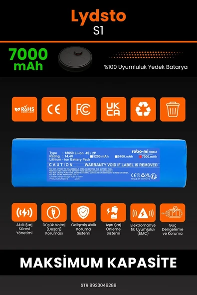 robo-mi Lydsto S1 7000mAh Robot Süpürge Bataryası - Yüksek Yoğunluklu Li-ion Hücre - 3