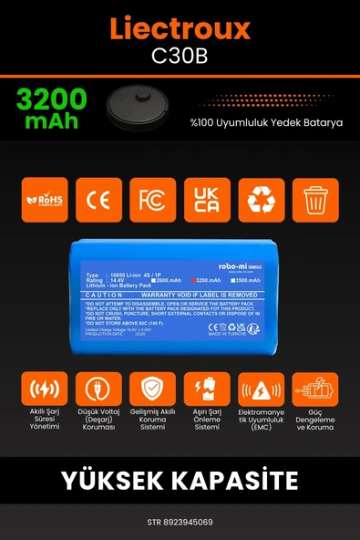 robo-mi Liectroux C30B 3200mAh Robot Süpürge Bataryası - Yüksek Yoğunluklu Li-ion Hücre - 3