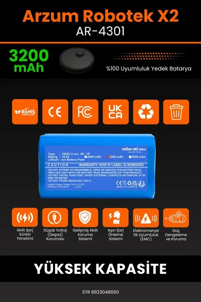 robo-mi Arzum AR4301 Robotek X2 3200mAh Robot Süpürge Bataryası - Koruma Katmanlı Batarya Teknolojisi - Resim 3