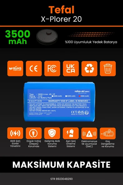robo-mi Tefal X-Plorer 20 3500mAh Robot Süpürge Bataryası - Sertifikalı Güvenlik, Gerçek Kapasite - 3