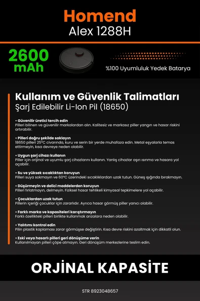 robo-mi Homend Alex 1288h 2600mAh Robot Süpürge Bataryası - Koruma Katmanlı Batarya Teknolojisi - Resim 7