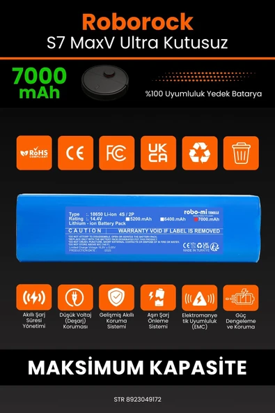 robo-mi Roborock S7 MaxV 7000mAh Robot Süpürge Bataryası - Yüksek Yoğunluklu Li-ion Hücre - 3