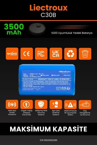 robo-mi Liectroux C30B 3500mAh Robot Süpürge Bataryası - Yüksek Yoğunluklu Li-ion Hücre - 3