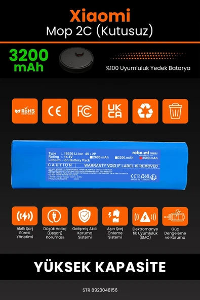 robo-mi Xiaomi Mi Vacuum Mop 2C 3200mAh Robot Süpürge Bataryası - Sertifikalı Güvenlik, Gerçek Kapasite - 3