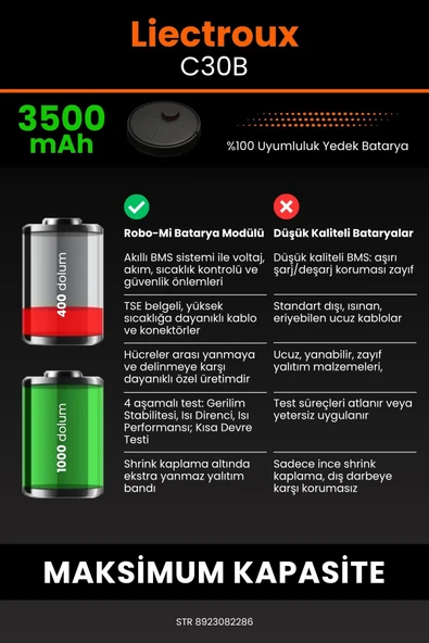 robo-mi Liectroux C30B 3500mAh Robot Süpürge Bataryası - Yüksek Yoğunluklu Li-ion Hücre - 6