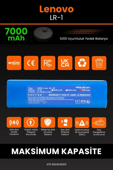 robo-mi Lenovo LR-1 7000mAh Robot Süpürge Bataryası - Yüksek Yoğunluklu Li-ion Hücre - 3