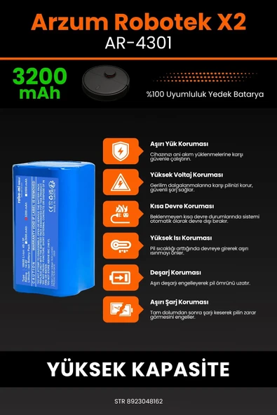 robo-mi Arzum AR4301 Robotek X2 3200mAh Robot Süpürge Bataryası - Sertifikalı Güvenlik, Gerçek Kapasite - 5
