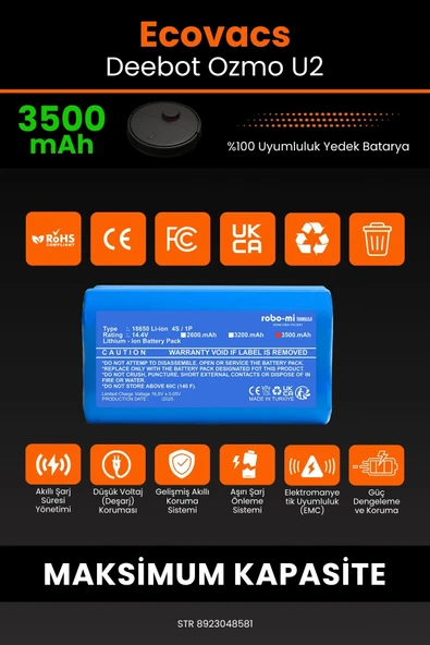 robo-mi Ecovacs Deebot Ozmo U2 3500mAh Robot Süpürge Bataryası - Sertifikalı Güvenlik, Gerçek Kapasite - Resim 3