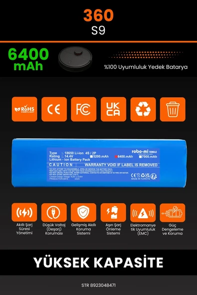 robo-mi 360 S9 6400mAh Robot Süpürge Bataryası - Sertifikalı Güvenlik, Gerçek Kapasite - 3