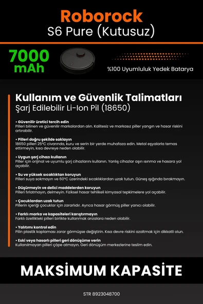 robo-mi Roborock S6 Pure 7000mAh Robot Süpürge Bataryası - Koruma Katmanlı Batarya Teknolojisi - 7