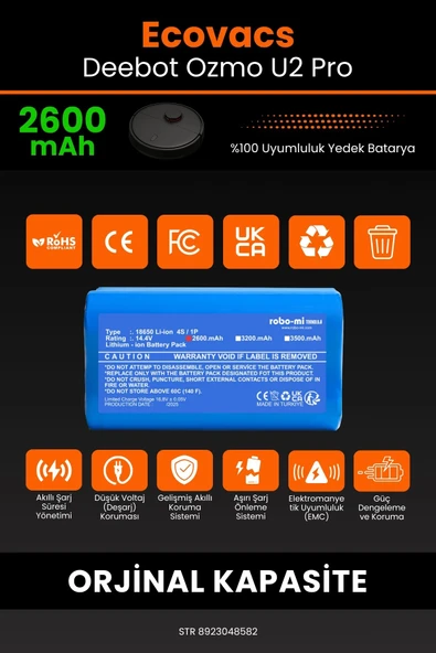 robo-mi Ecovacs Deebot Ozmo U2 Pro 2600mAh Robot Süpürge Bataryası - Sertifikalı Güvenlik, Gerçek Kapasite - 3