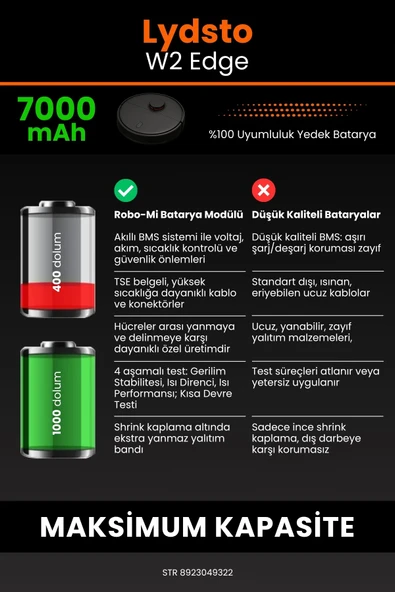 robo-mi Lydsto W2 Edge 7000mAh Robot Süpürge Bataryası - Yüksek Yoğunluklu Li-ion Hücre - 6