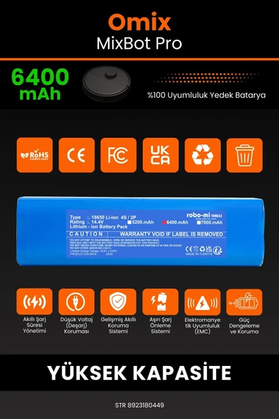 robo-mi Omix MixBot Pro 6400mAh Robot Süpürge Bataryası - Yüksek Yoğunluklu Li-ion Hücre - 3