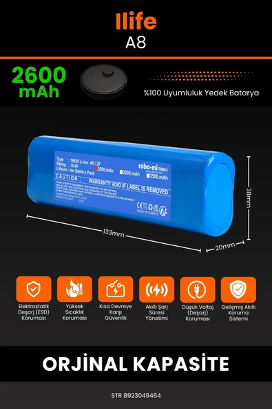robo-mi İlife A8 2600mAh Robot Süpürge Bataryası - Yüksek Yoğunluklu Li-ion Hücre - 2