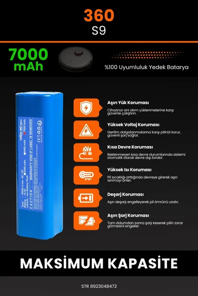 robo-mi 360 S9 7000mAh Robot Süpürge Bataryası - Sertifikalı Güvenlik, Gerçek Kapasite - 5
