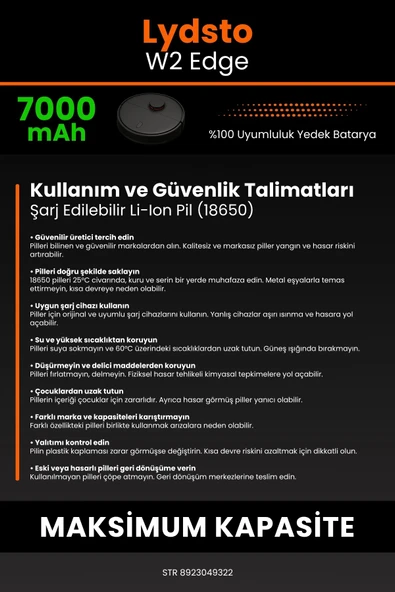 robo-mi Lydsto W2 Edge 7000mAh Robot Süpürge Bataryası - Yüksek Yoğunluklu Li-ion Hücre - 7