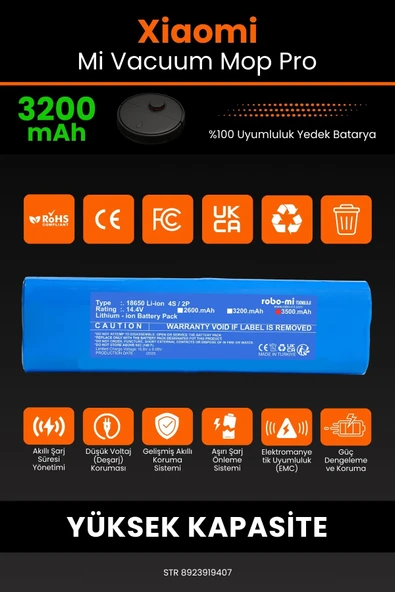 robo-mi Xiaomi Mi Vacuum Mop Pro 3200mAh Robot Süpürge Bataryası - Gerçek Kapasite, Maksimum Güvenlik - 3