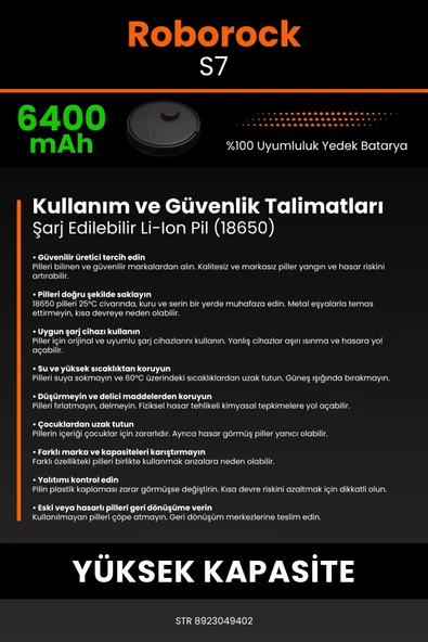 robo-mi Roborock S7 6400mAh Robot Süpürge Bataryası - Yüksek Yoğunluklu Li-ion Hücre - 7