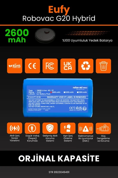 robo-mi Eufy Robovac G20 2600mAh Robot Süpürge Bataryası - Yüksek Yoğunluklu Li-ion Hücre - 3