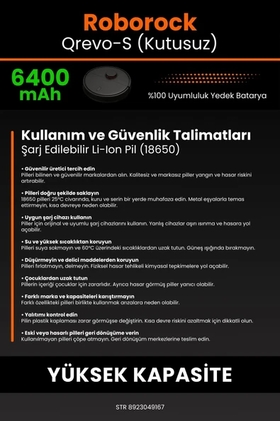robo-mi Roborock Qrevo S 6400mAh Robot Süpürge Bataryası - Yüksek Yoğunluklu Li-ion Hücre - 7