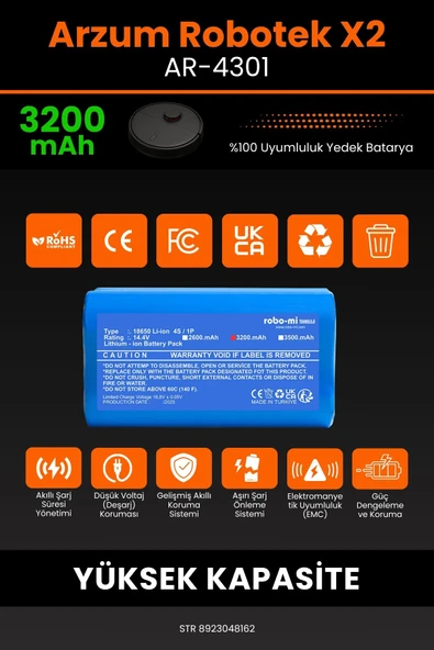 robo-mi Arzum AR4301 Robotek X2 3200mAh Robot Süpürge Bataryası - Sertifikalı Güvenlik, Gerçek Kapasite - 3