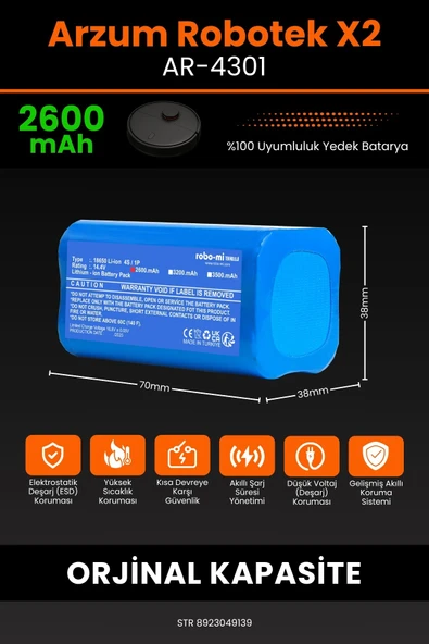 robo-mi Arzum AR4301 Robotek X2 2600mAh Robot Süpürge Bataryası - Yüksek Yoğunluklu Li-ion Hücre - 2