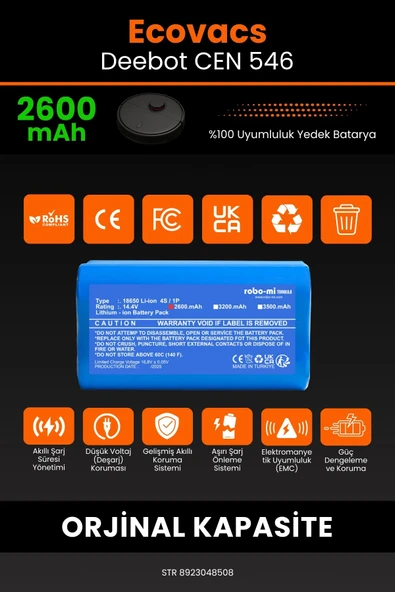 robo-mi Ecovacs Deebot Cen 546 2600mAh Robot Süpürge Bataryası - Sertifikalı Güvenlik, Gerçek Kapasite - 3