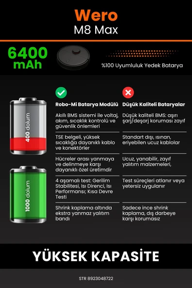 robo-mi Wero M8 Max 6400mAh Robot Süpürge Bataryası - Koruma Katmanlı Batarya Teknolojisi - 6