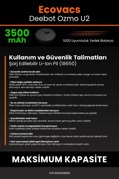 robo-mi Ecovacs Deebot Ozmo U2 3500mAh Robot Süpürge Bataryası - Sertifikalı Güvenlik, Gerçek Kapasite - Resim 7
