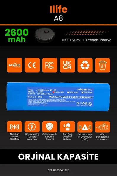 robo-mi İlife A8 2600mAh Robot Süpürge Bataryası - Koruma Katmanlı Batarya Teknolojisi - 3