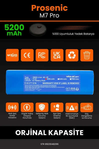 robo-mi Proscenic Prosenic M7 Pro 5200mAh Robot Süpürge Bataryası - Sertifikalı Güvenlik, Gerçek Kapasite - Resim 3