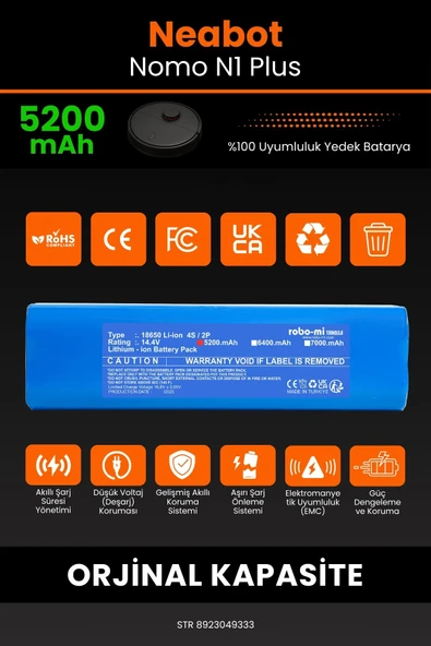 robo-mi Neabot Nomo N1 Plus 5200mAh Robot Süpürge Bataryası - Yüksek Yoğunluklu Li-ion Hücre - Resim 3